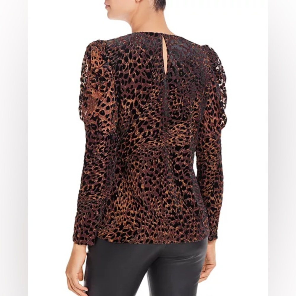 Elie Tahari Blouse Noelle Brown Leopard print Velvet puff Sleeves Size M - Picture 3 of 10
